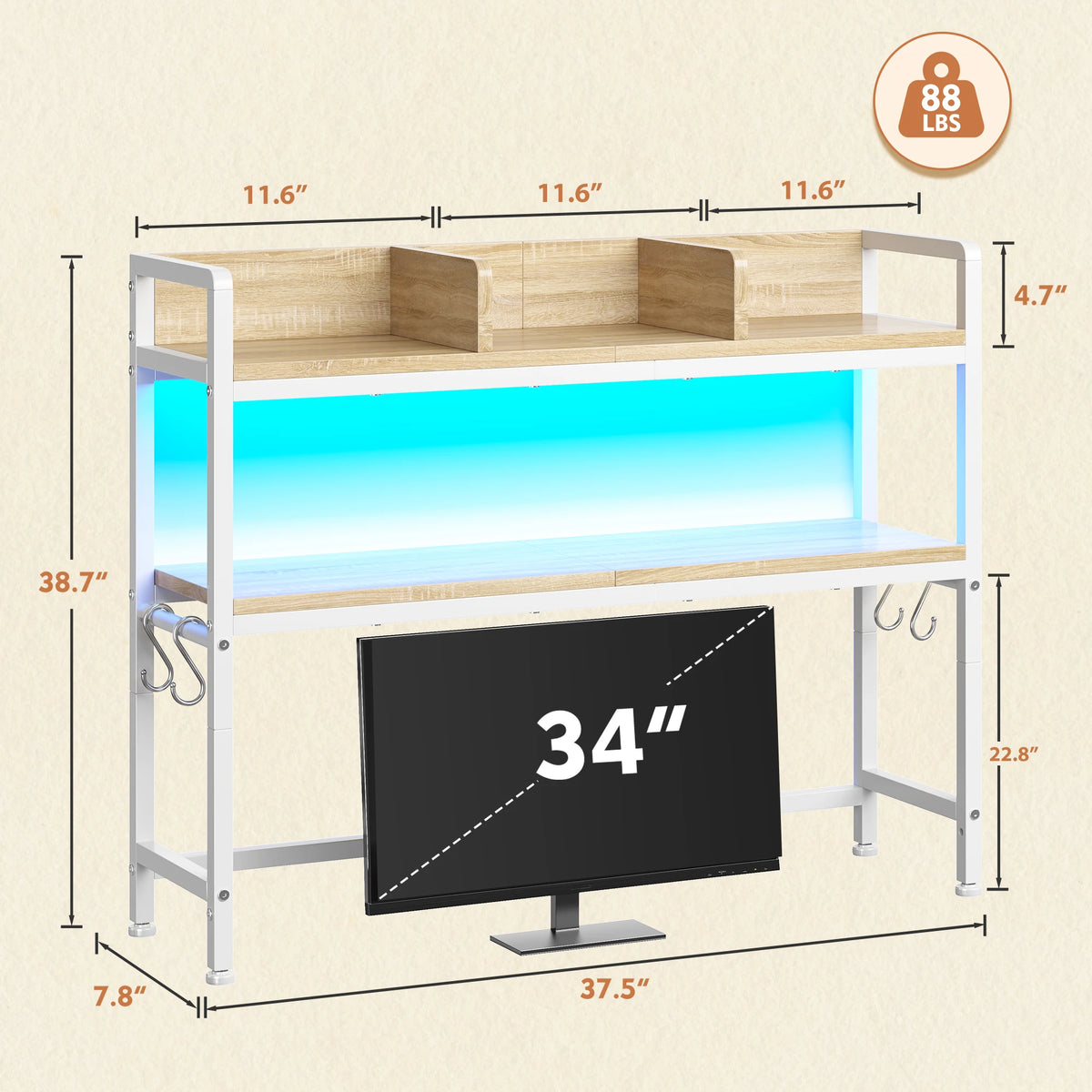 Two Tier LED Desk Shelf With Hooks And Storage Organizer