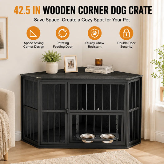 Modern Wooden Corner Dog Crate With Dual Entry Storage Table