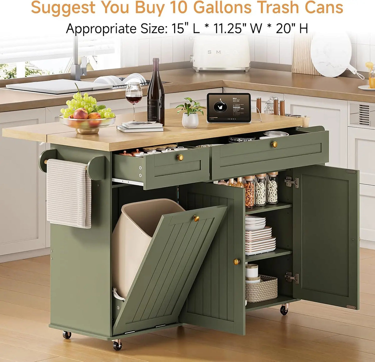 Onbrill Rolling Kitchen Island With Drawer And Power Outlet