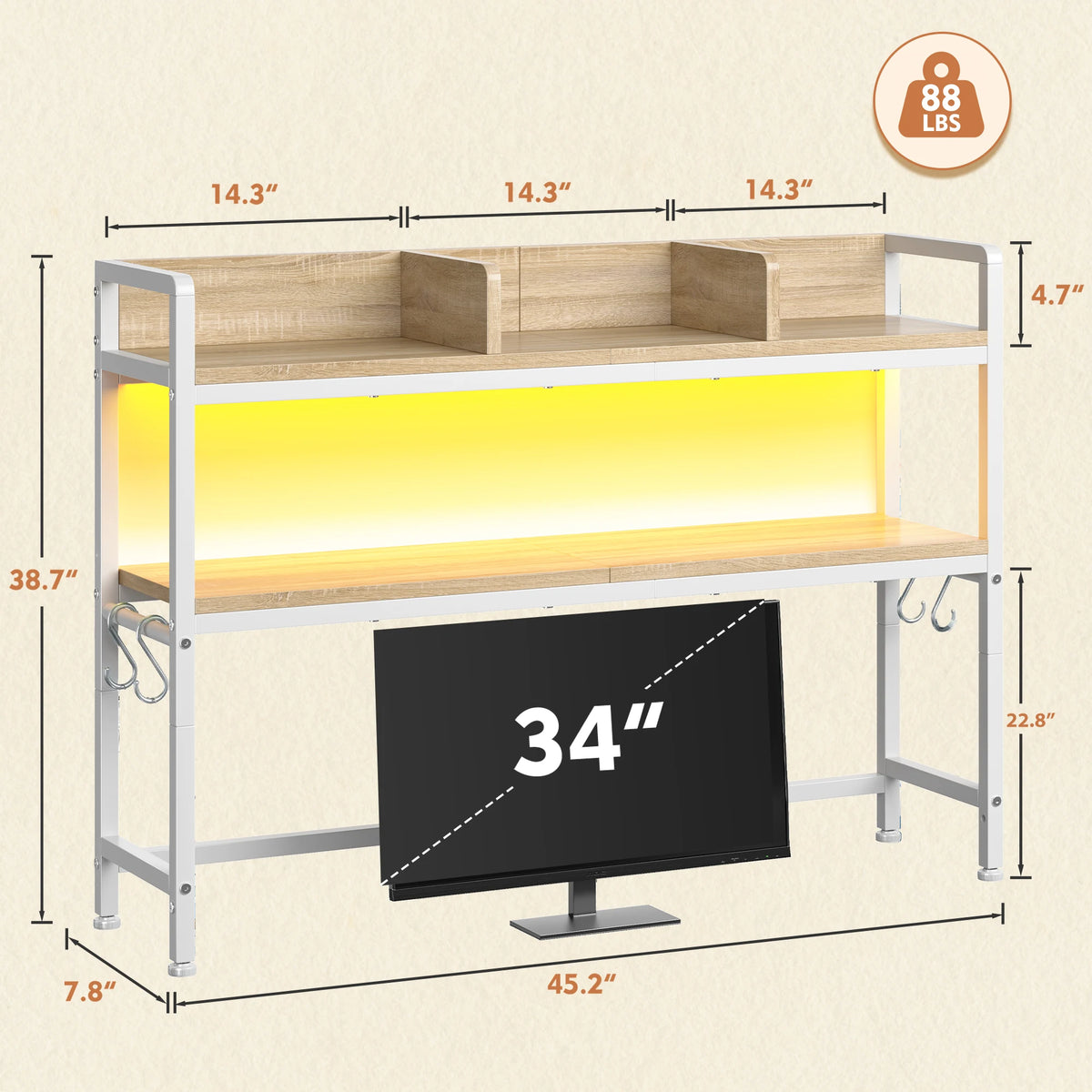 Two Tier LED Desk Shelf With Hooks And Storage Organizer