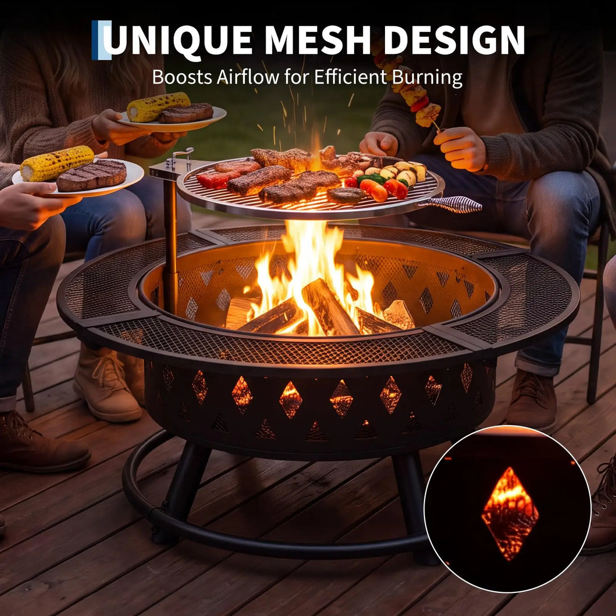 HiMiss Round Wood Burning Fire Pit With Safety Mesh Guard