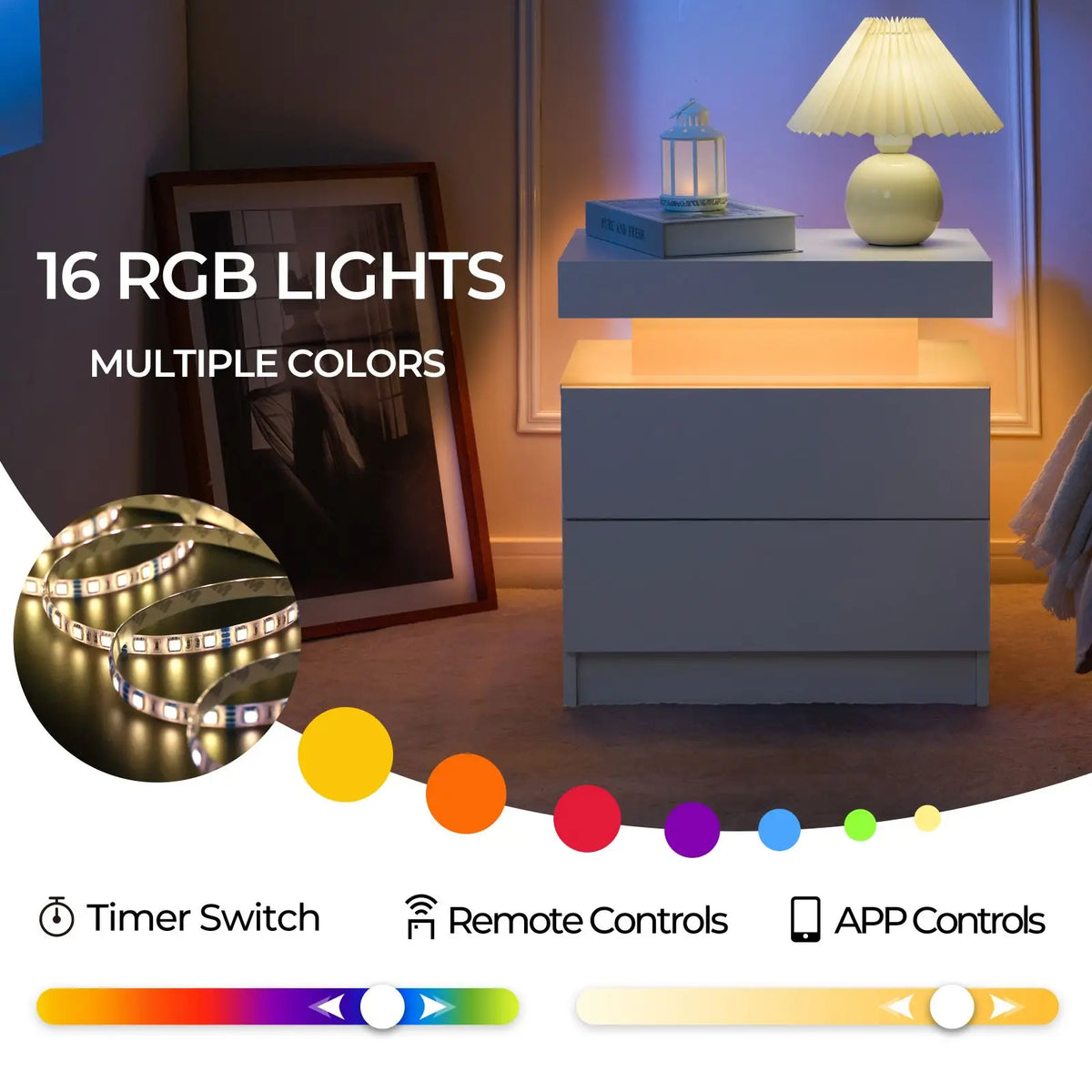 Cubehom LED Nightstand With Two Drawers And Bedroom Storage