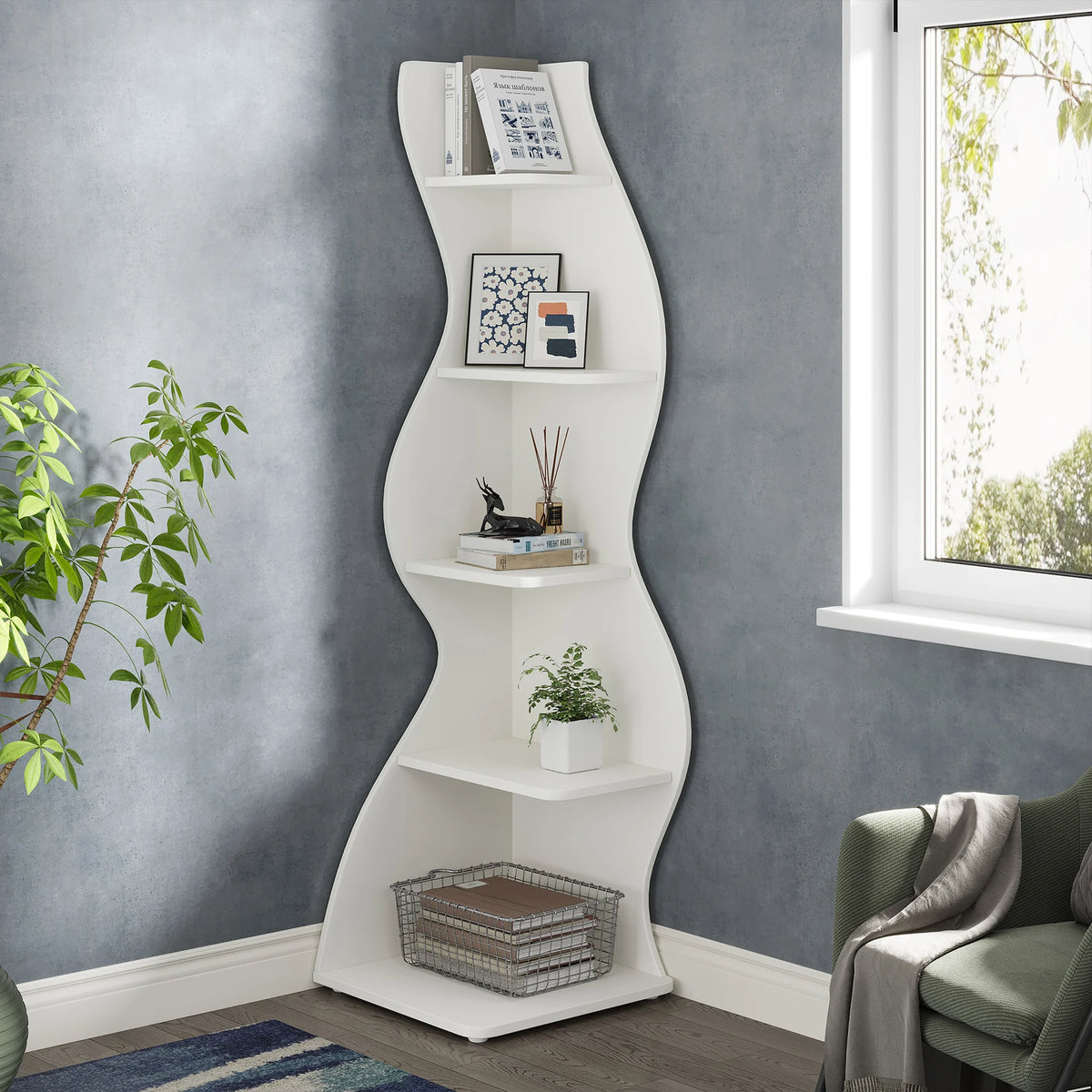 Tribesigns Modern Five Tier Wooden Corner Bookshelf
