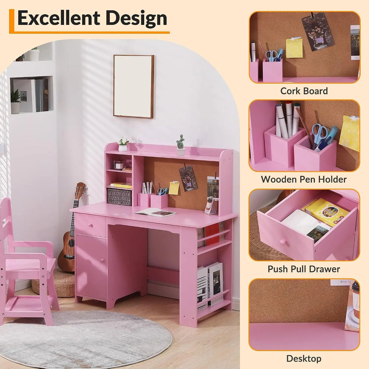 HiMISS Wooden Kids Desk And Chair Set With Storage