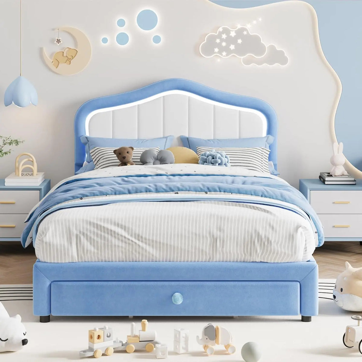 Studyset Kids Upholstered Bed Frame With Led Crown Headboard And Velvet