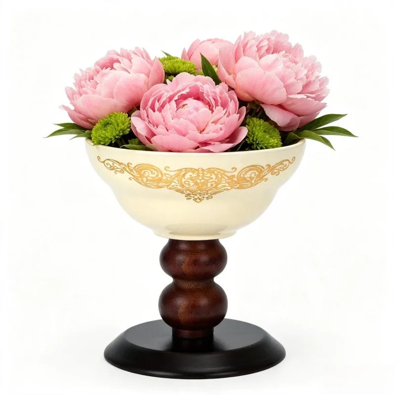 Elegant Ceramic Tea Light Candle Holder With Wooden Pedestal