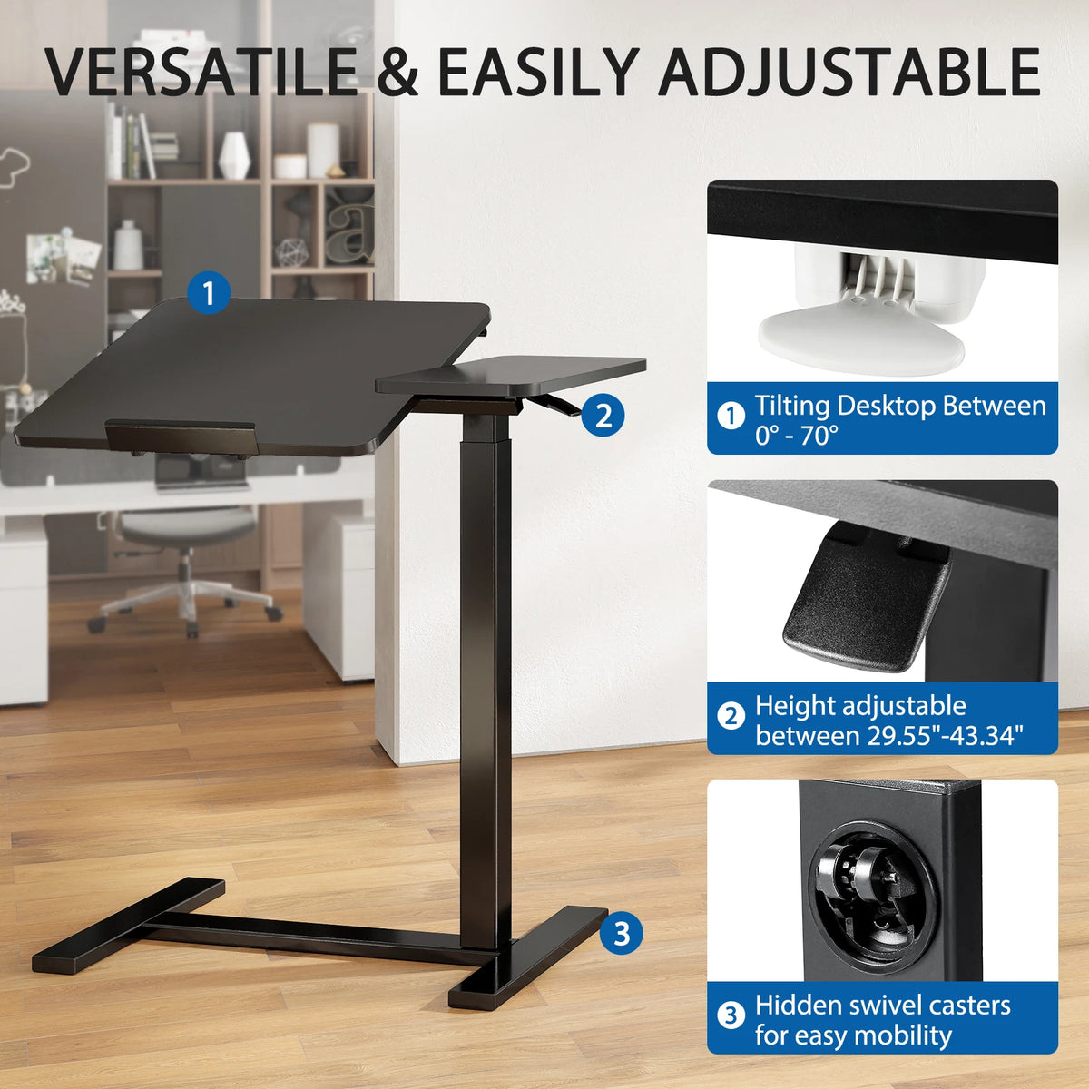 JHK Adjustable Overbed Desk With Tilt Top And Wheels