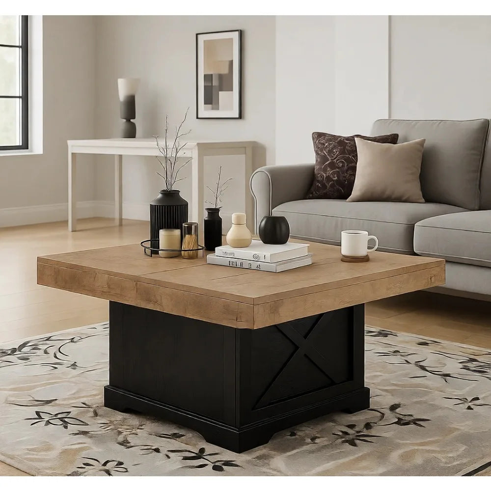 Rustic Square Wooden Coffee Table With Cross Leg Base Design