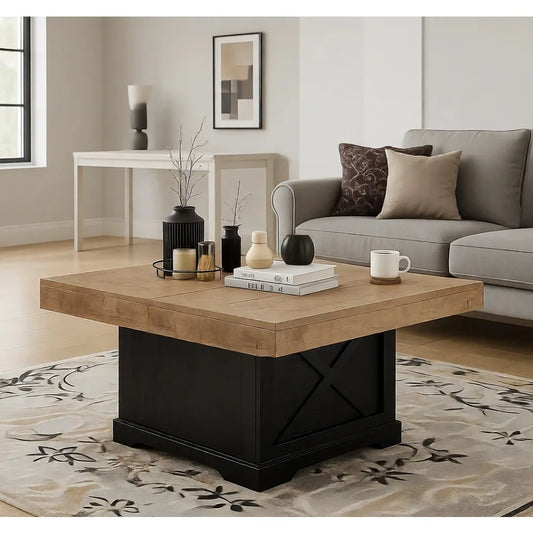 Rustic Square Wooden Coffee Table With Cross Leg Base Design