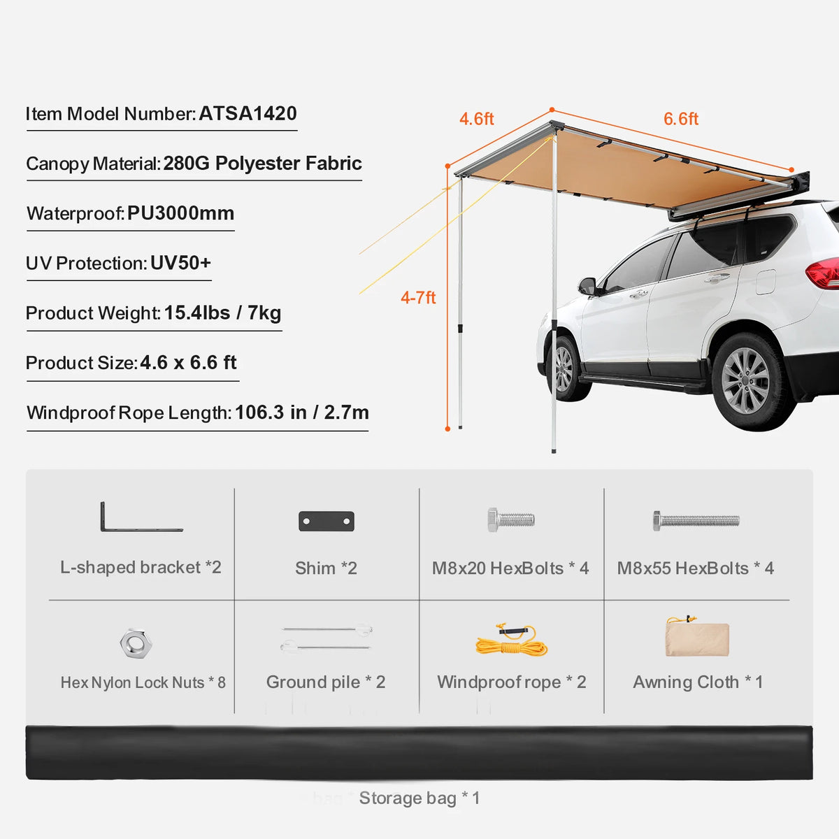 SucceBuy Retractable Car Side Awning With Storage Bag