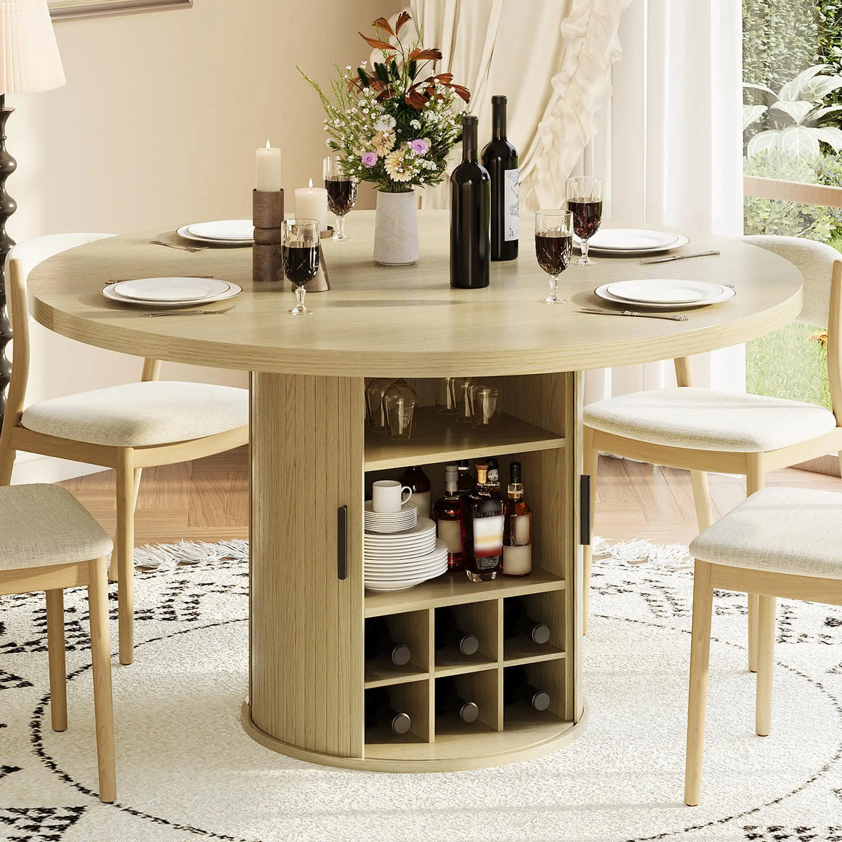 HiMISS Round Dining Table Featuring Hidden Storage And Wine Rack