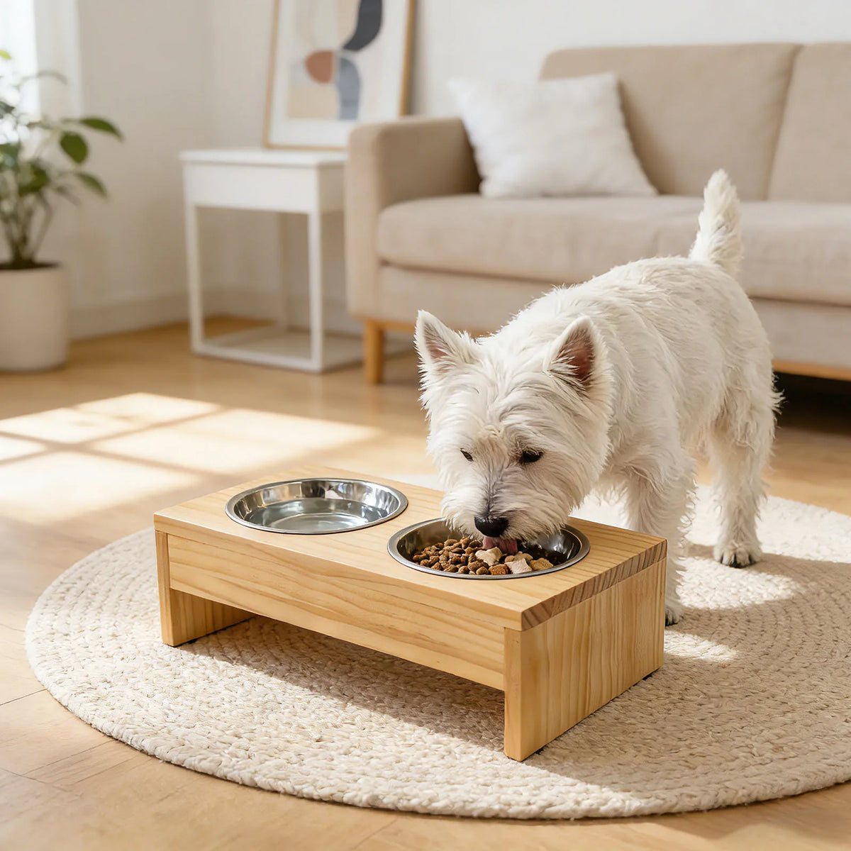 Wooden Elevated Dog Bowl Stand With Stainless Steel Double Bowls